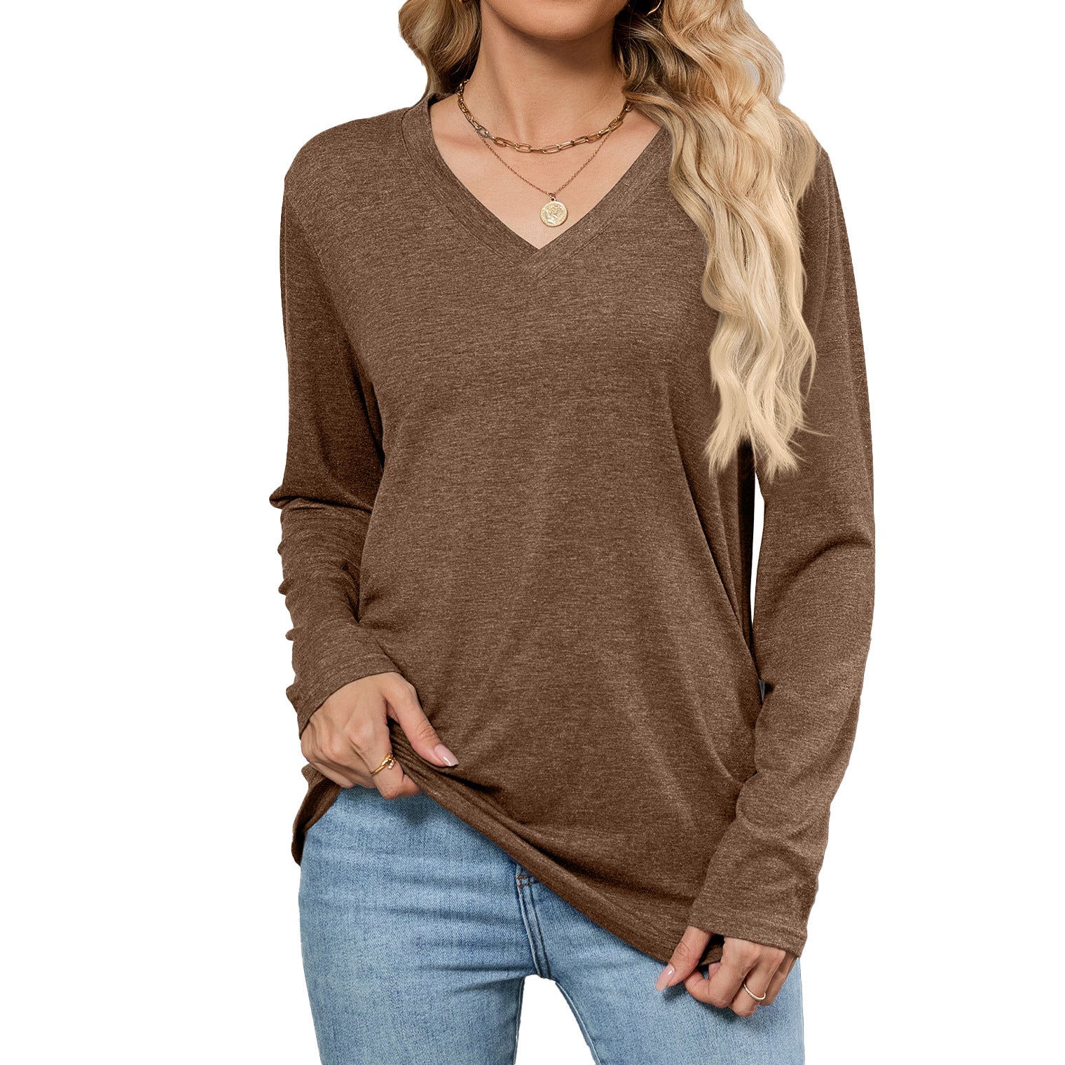 Leisure Pullover V-neck Solid Color Loose Long Sleeves T-shirt Top