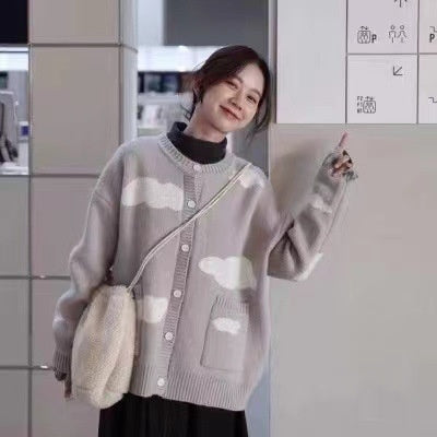Cute Blue Cloud Autumn And Winter Loose All-matching Cardigan Sweater Coat