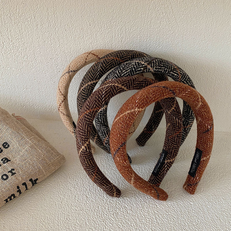 Korean Style Autumn And Winter Woolen High Skull Top Headband Wide Edge Plaid