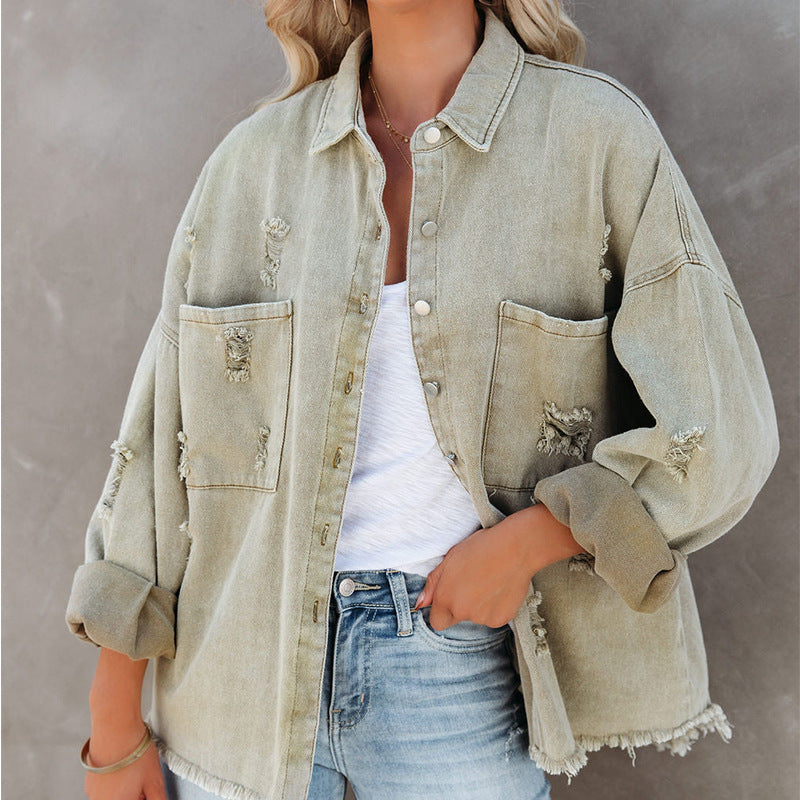Lapel Long Sleeve Retro Street Ripped Burr Denim Coat