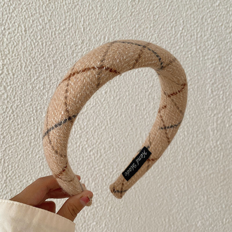 Korean Style Autumn And Winter Woolen High Skull Top Headband Wide Edge Plaid