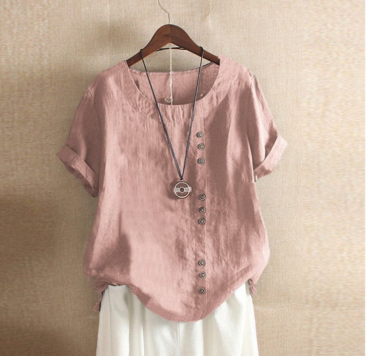 Retro Plus Size Casual Loose Cotton And Linen Short-sleeved Pullover T-shirt