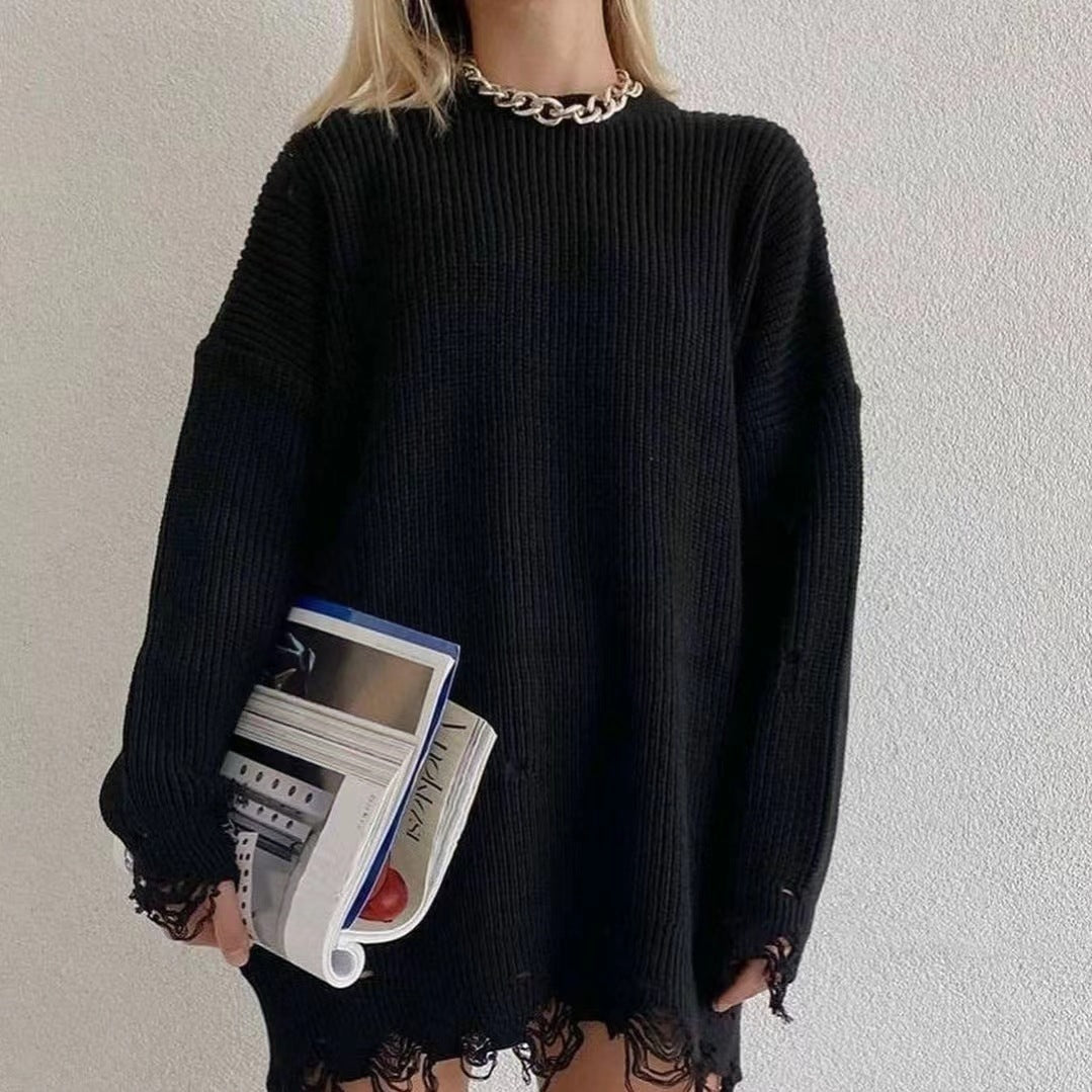 Solid Color Round Neck Long Sleeve Burrs Loose Knitted Pullover