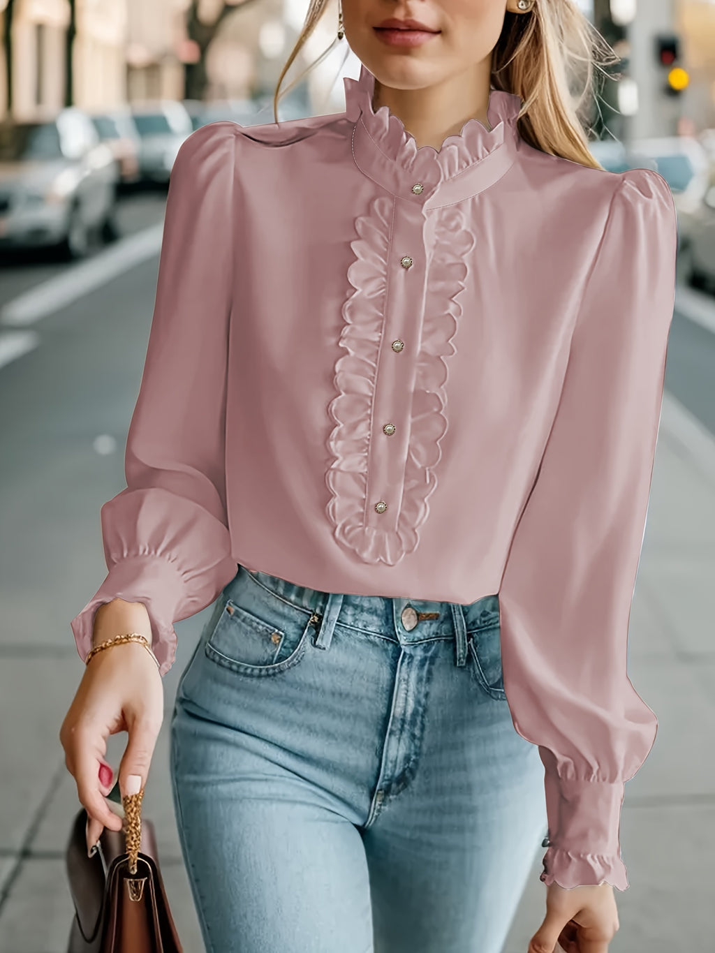 Fashionable Stand-up Collar Long-sleeved Shirt With Lotus Leaf Hem