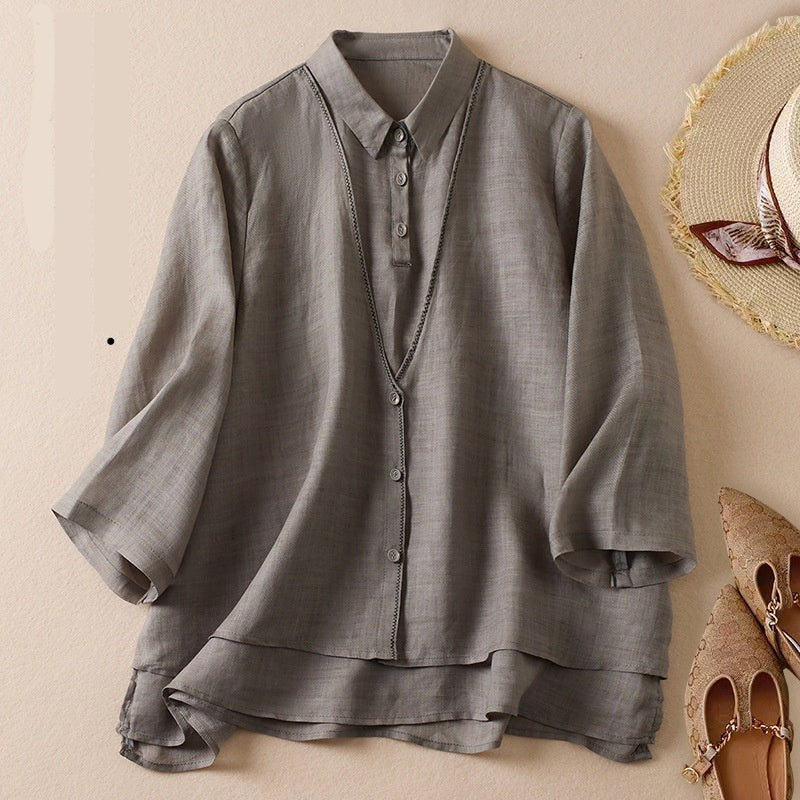Women's Artistic Retro Fake Two-piece Cotton And Linen Half Sleeves Shirt