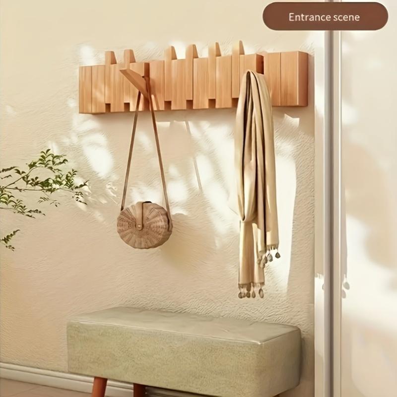 Folding Wooden Wall Mounted Hook Rack Piano Key Design Multi-Hook Storage Rack Suitable For Scarves Towels Coats Bathroom Entry Utility Room Space Saving Storage Berlin Style Home Decor Wall Mounted S