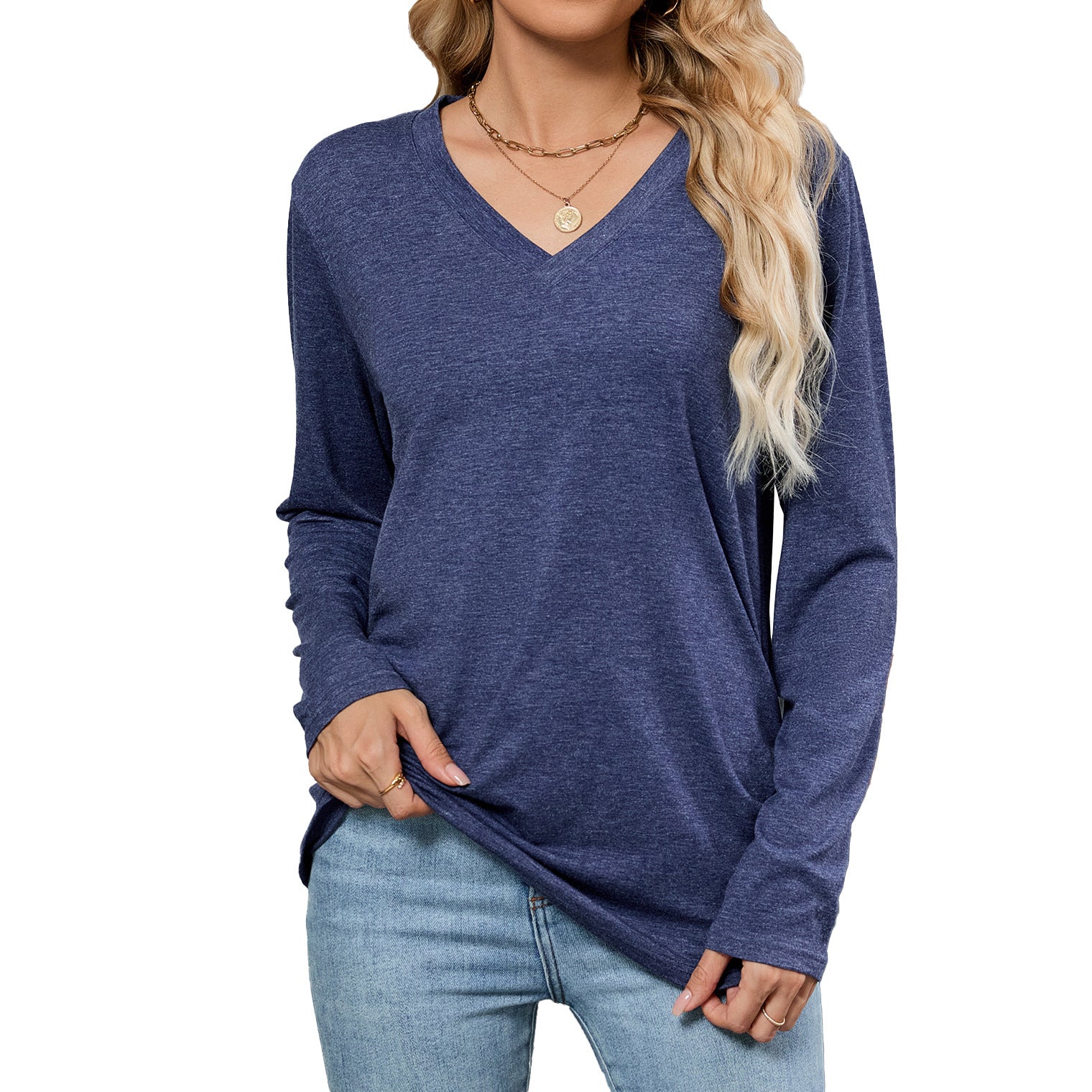 Leisure Pullover V-neck Solid Color Loose Long Sleeves T-shirt Top