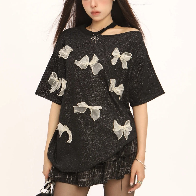 Three-dimensional Bow Off-the-shoulder Short Sleeve Summer Sweet Cool
