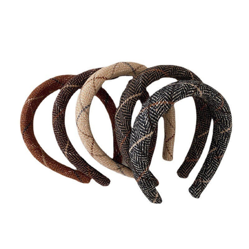 Korean Style Autumn And Winter Woolen High Skull Top Headband Wide Edge Plaid