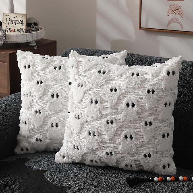 Halloween Pillow Covers 18x18 Inch White Ghost Throw Pillow Cases Soft Plush  Couch Cushion Case For Chair Sofa Bedroom Living Room Home Decor