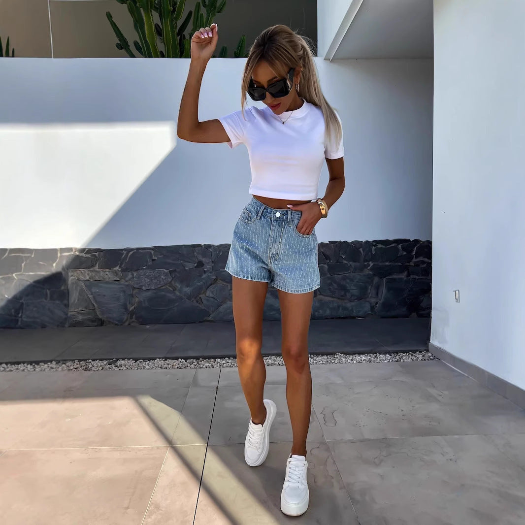 Street Rhinestone Women's Straight Denim Shorts