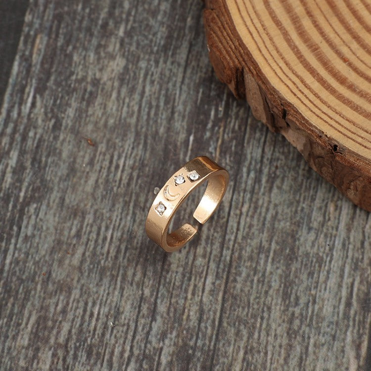 Simple Star And Moon Inlaid Gemstone Open Adjustable Ring