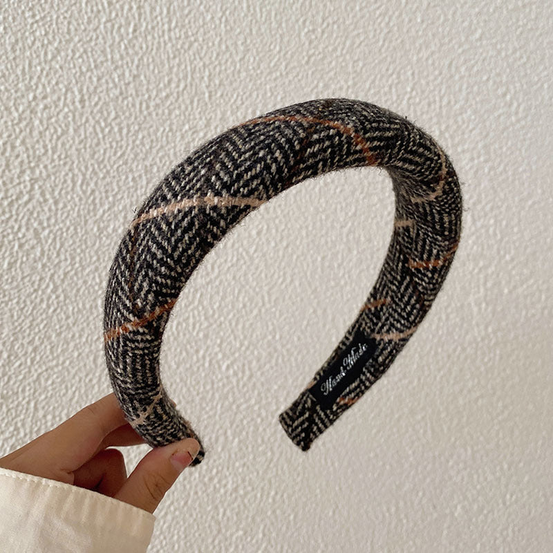 Korean Style Autumn And Winter Woolen High Skull Top Headband Wide Edge Plaid