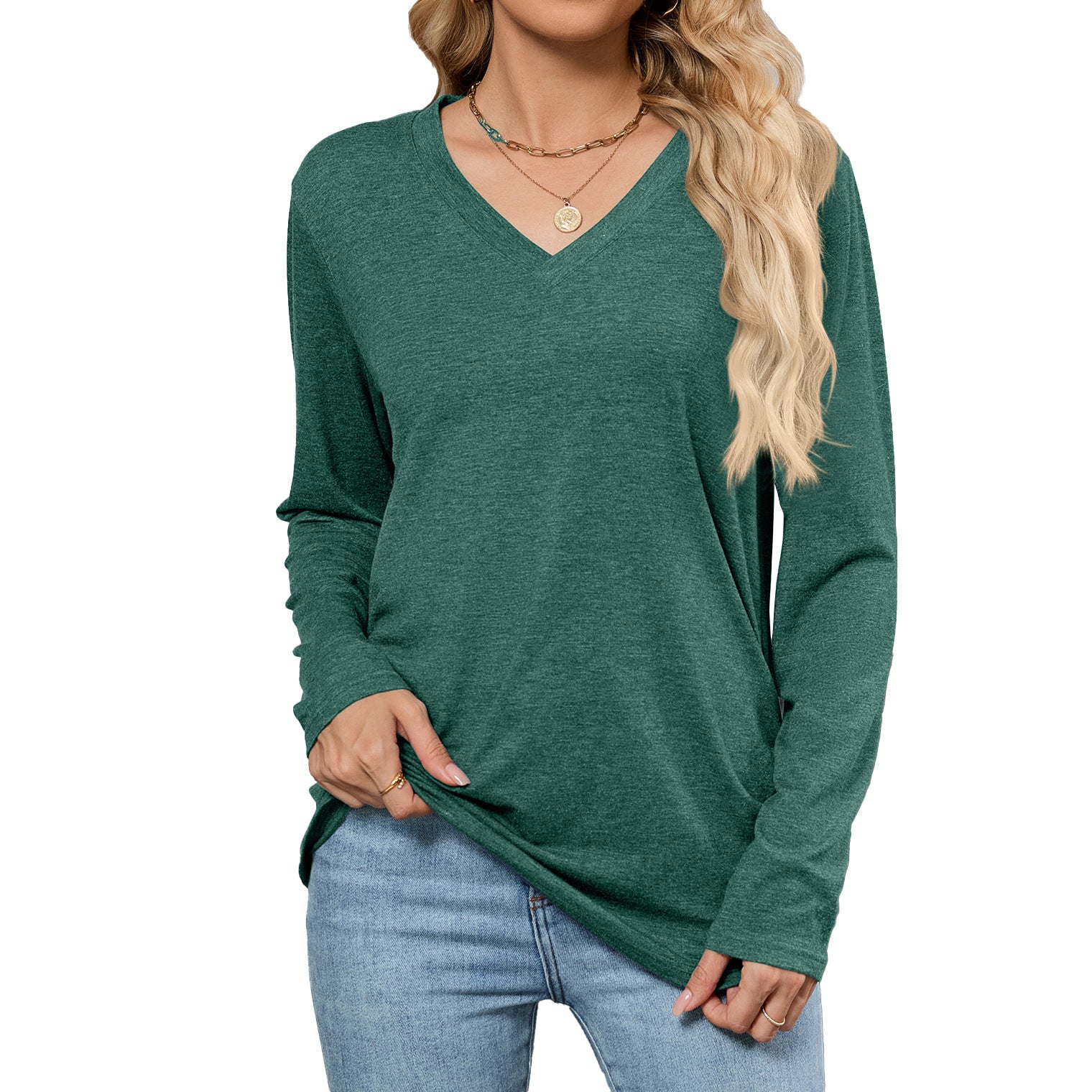 Leisure Pullover V-neck Solid Color Loose Long Sleeves T-shirt Top