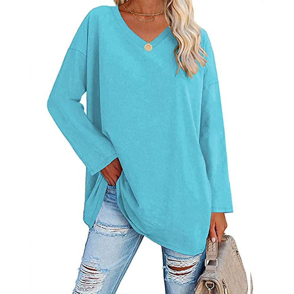 Solid Color Loose Drop Shoulder Sleeve V Neck Long Sleeve Blouse