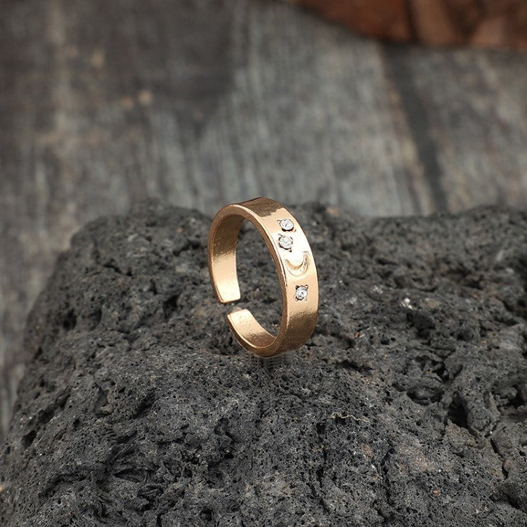 Simple Star And Moon Inlaid Gemstone Open Adjustable Ring