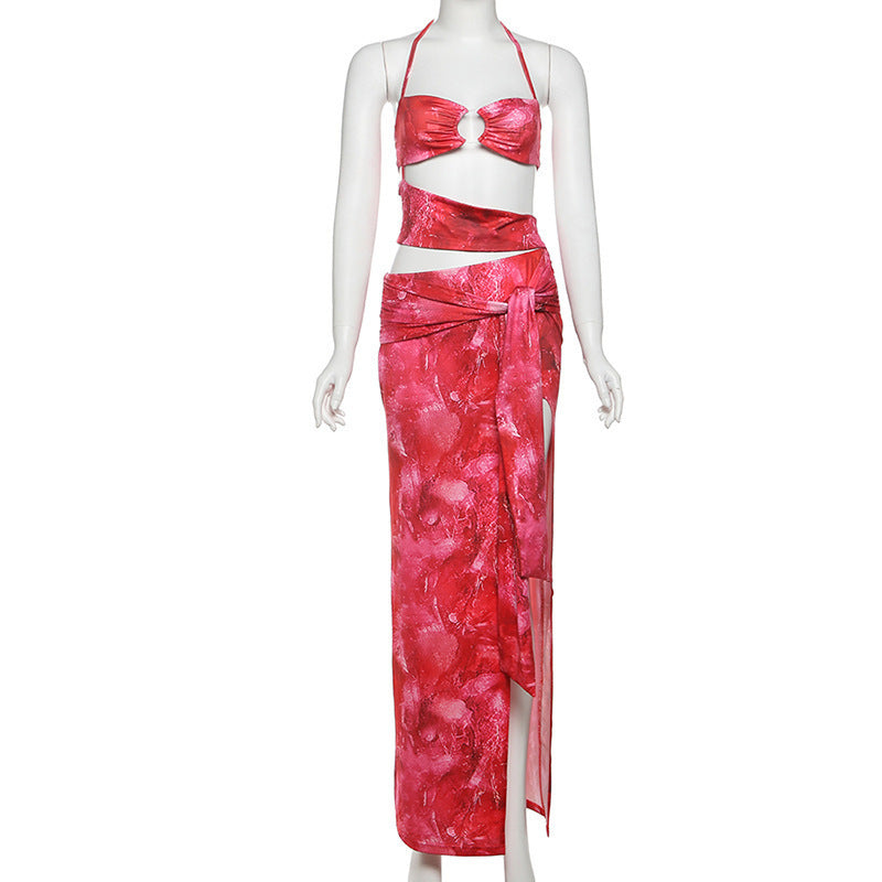 Graceful Personality Tie-dye Metal Ring Stitching Design Low-cut Exposed Navel Lace-up Dress