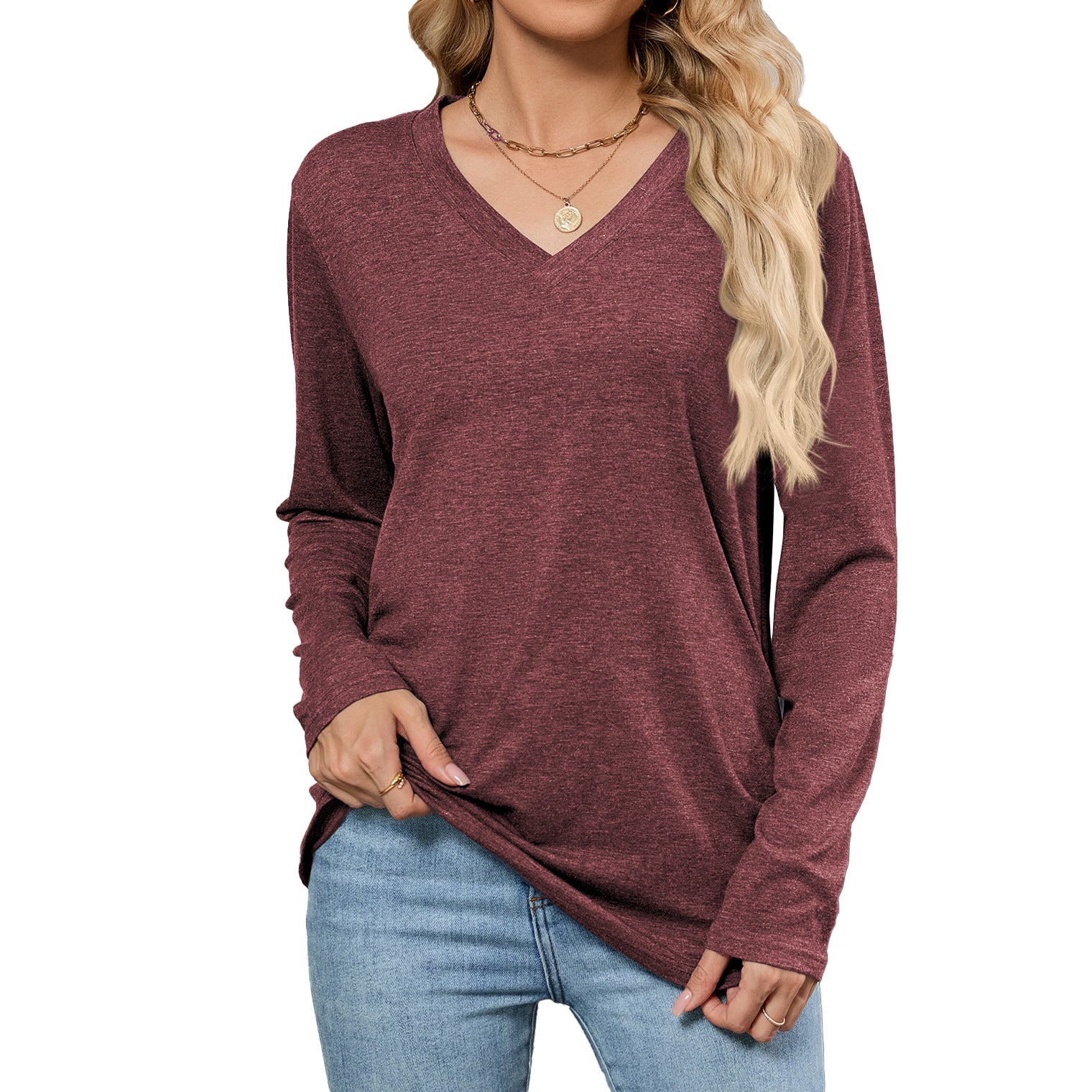 Leisure Pullover V-neck Solid Color Loose Long Sleeves T-shirt Top