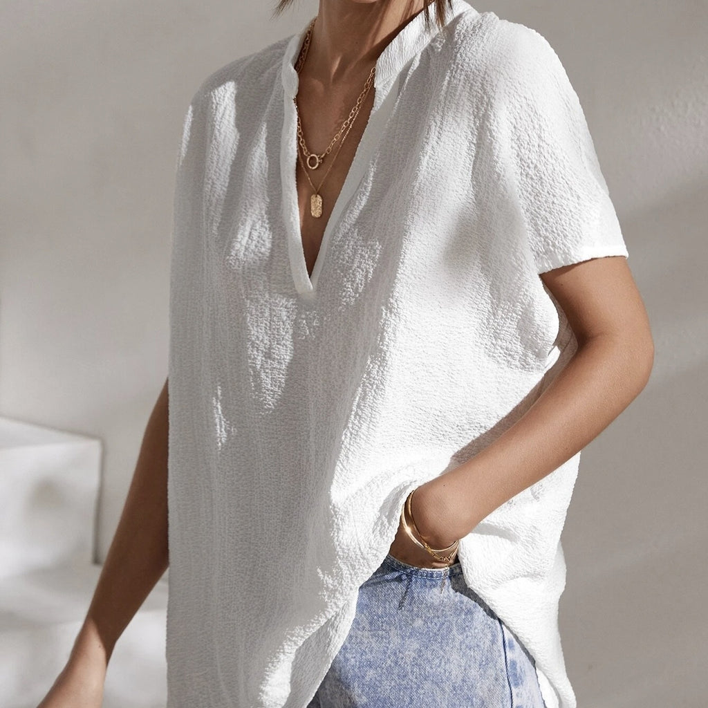 Women's Summer New Notch Batwing Sleeve Shirt Deep V-neck Casual Loose Short Sleeved Top
