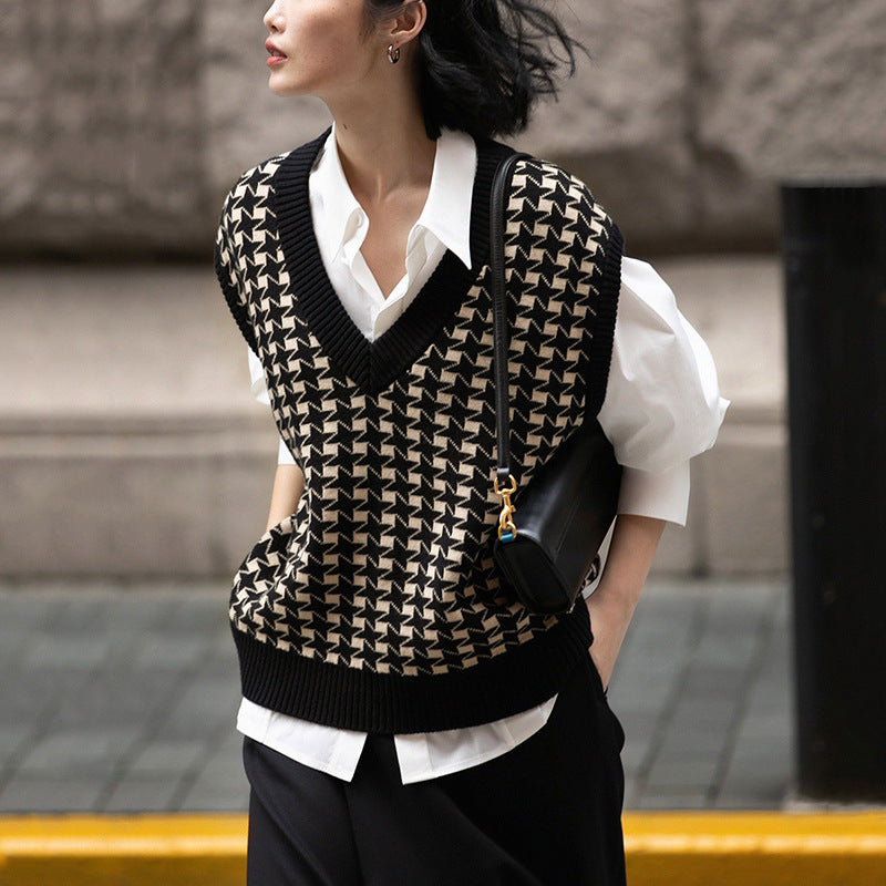 Women's Autumn Houndstooth Knitted Vest