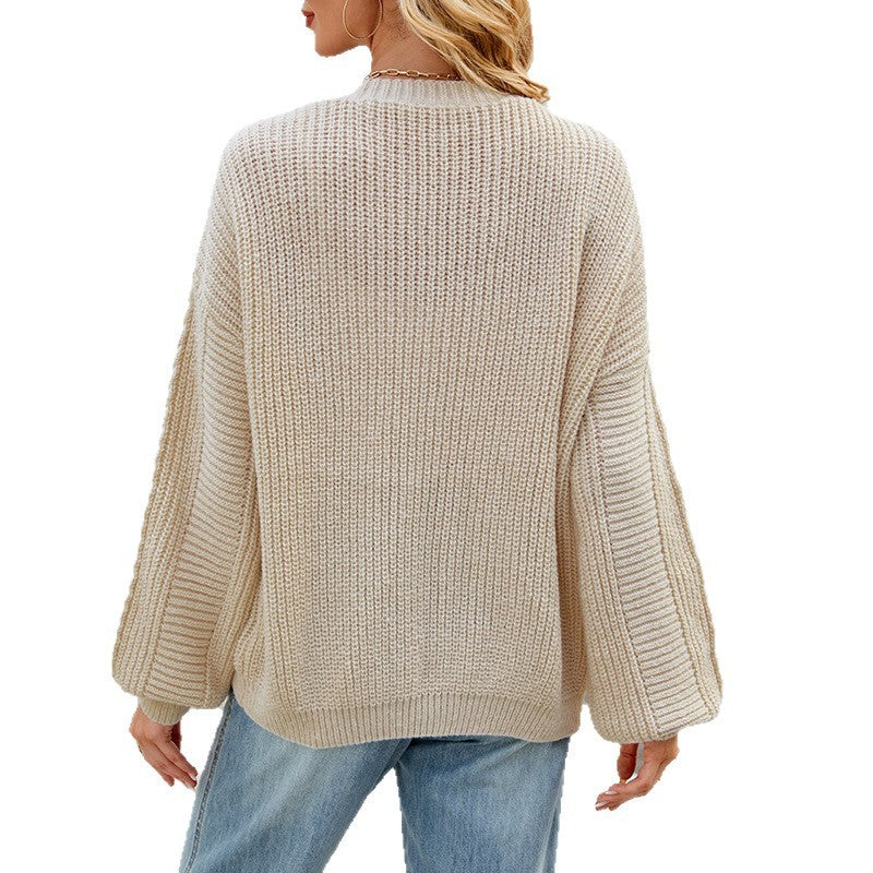 Women's Loose Long-sleeved V-neck Twisted Knitted Sweater Coat