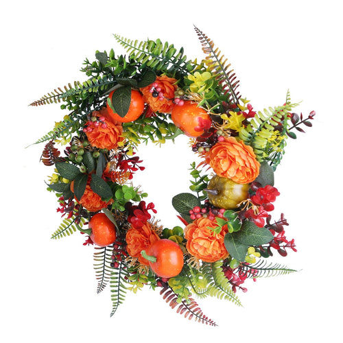 1Pc 17.71IN Autumn Wreath With Pumpkin Mixed Leaves Berries Flowers Fall Decoration For Indoor Outdoor Window Wall Front Door In Halloween Thanks Giving Day
