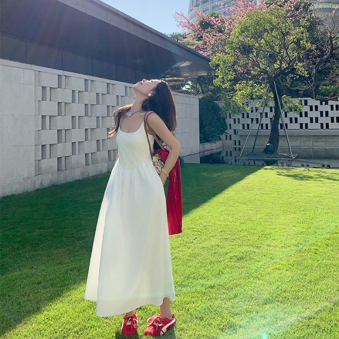 Korean Gentle Waist Trimming Spaghetti Straps Vacation Style Sweet Slimming Dress