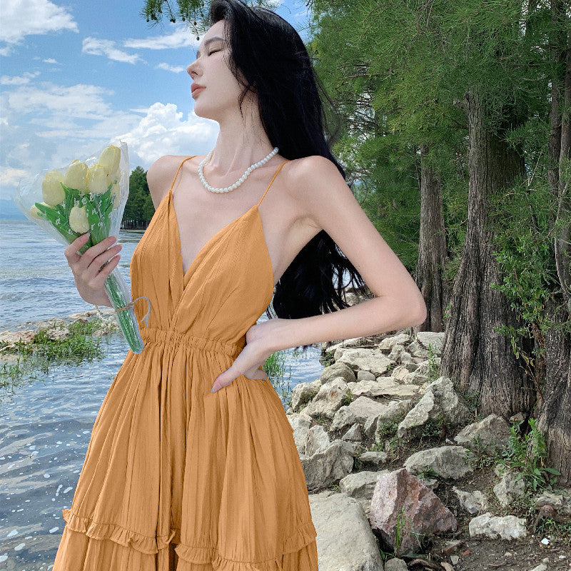 New Sexy Backless Stitching Ruffled Slim Fit Large Swing V-neck Dress