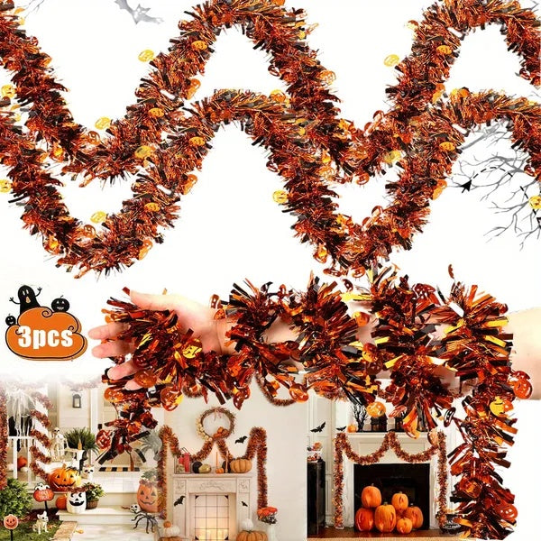 3Pack 6.56 Ft Halloween Tinsel Garland With Pumpkin Sequins Orange Black Mixed Colors Glitter Metallic Tinsel Decoration Twisted Garland For Halloween Thanksgiving Trick Or Treat Fall Party Supplies