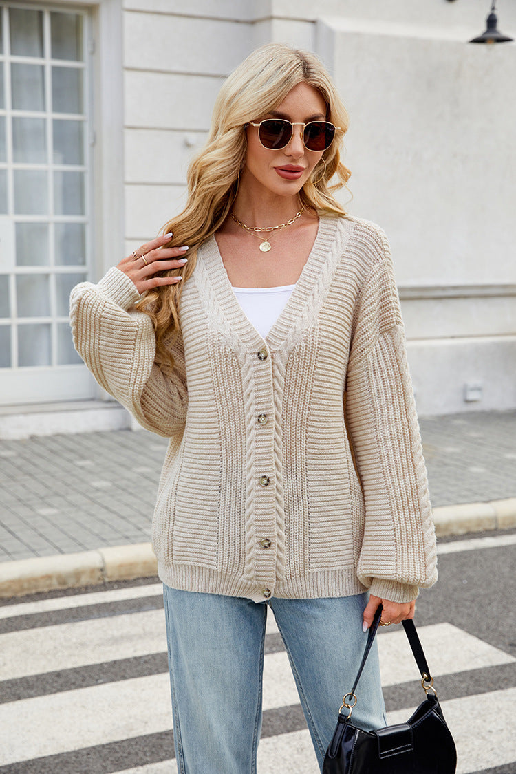 Women's Loose Long-sleeved V-neck Twisted Knitted Sweater Coat