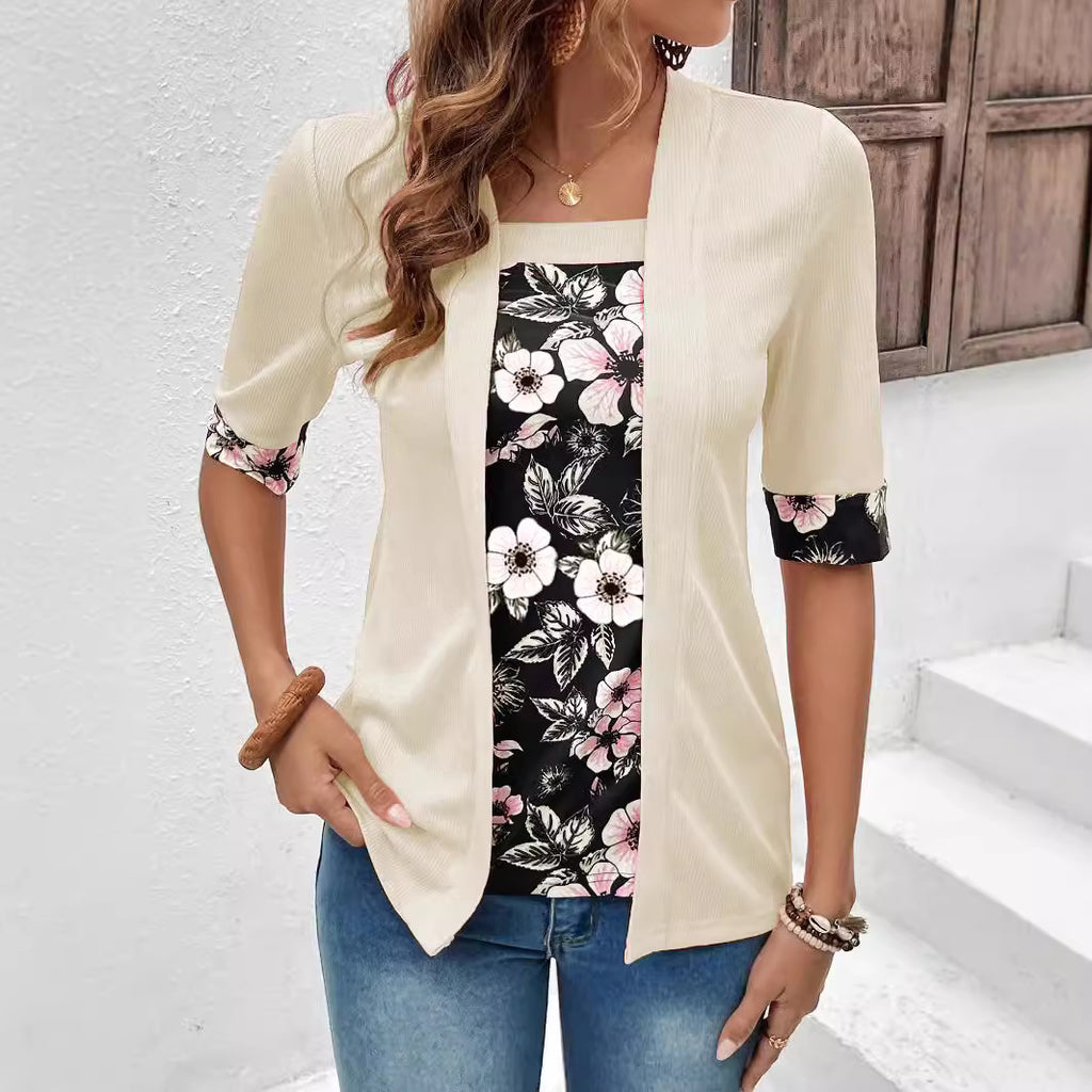 Women's Fake Two-piece Five-quarter Sleeve Printed Top T-shirt