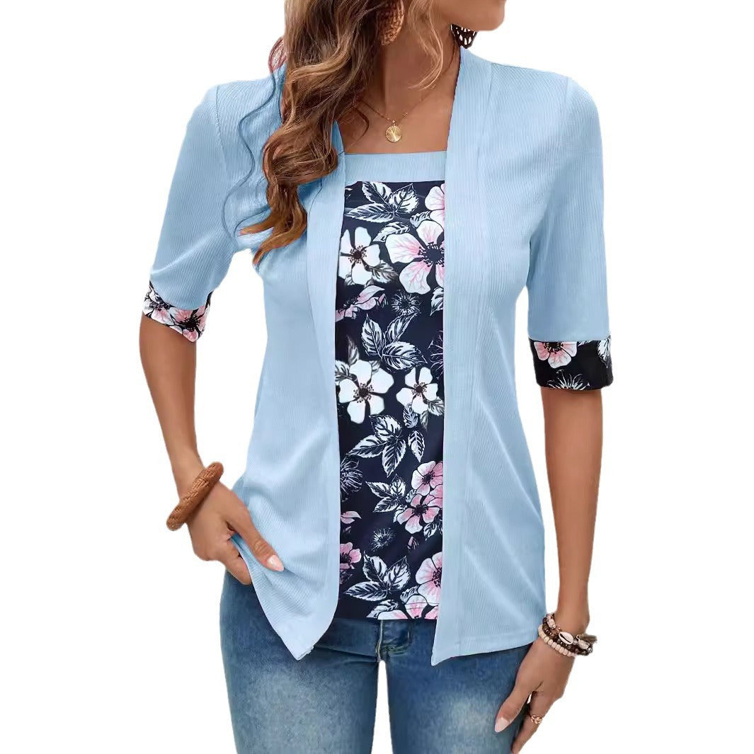 Women's Fake Two-piece Five-quarter Sleeve Printed Top T-shirt