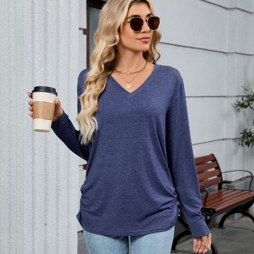 Leisure Pullover V-neck Solid Color Loose Long Sleeves T-shirt Top