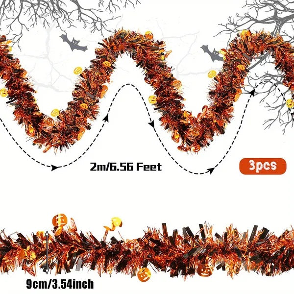 3Pack 6.56 Ft Halloween Tinsel Garland With Pumpkin Sequins Orange Black Mixed Colors Glitter Metallic Tinsel Decoration Twisted Garland For Halloween Thanksgiving Trick Or Treat Fall Party Supplies