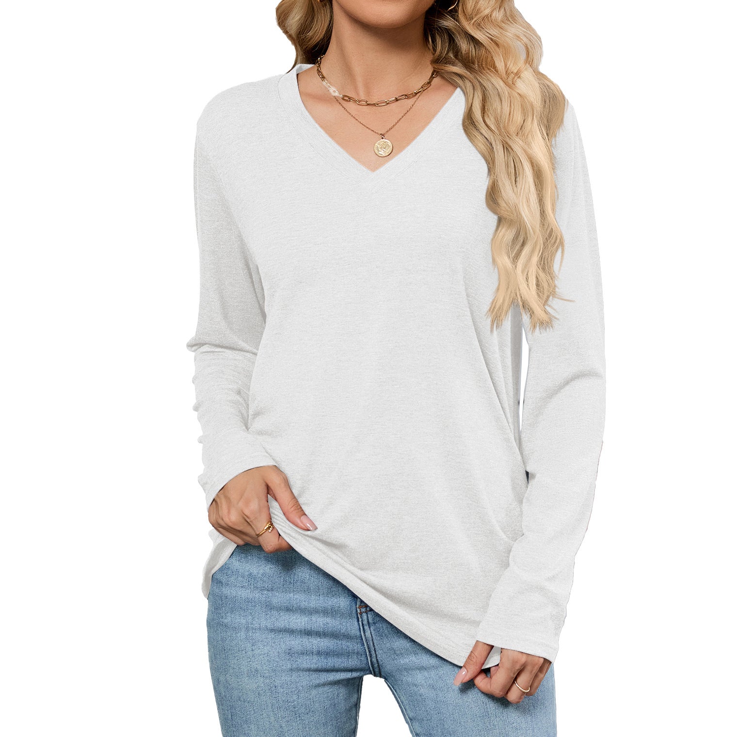 Leisure Pullover V-neck Solid Color Loose Long Sleeves T-shirt Top