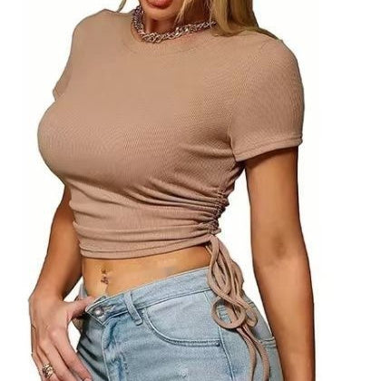 Fashion Women's Wear Summer Midriff-baring Top Round Neck Short Sleeve
