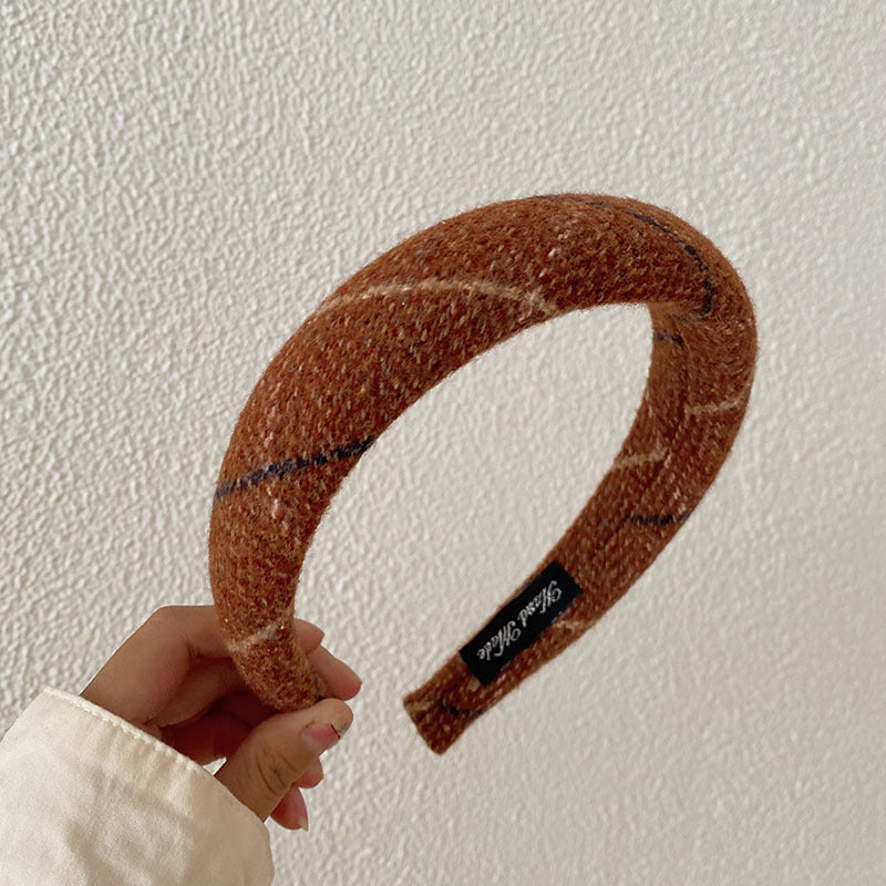 Korean Style Autumn And Winter Woolen High Skull Top Headband Wide Edge Plaid