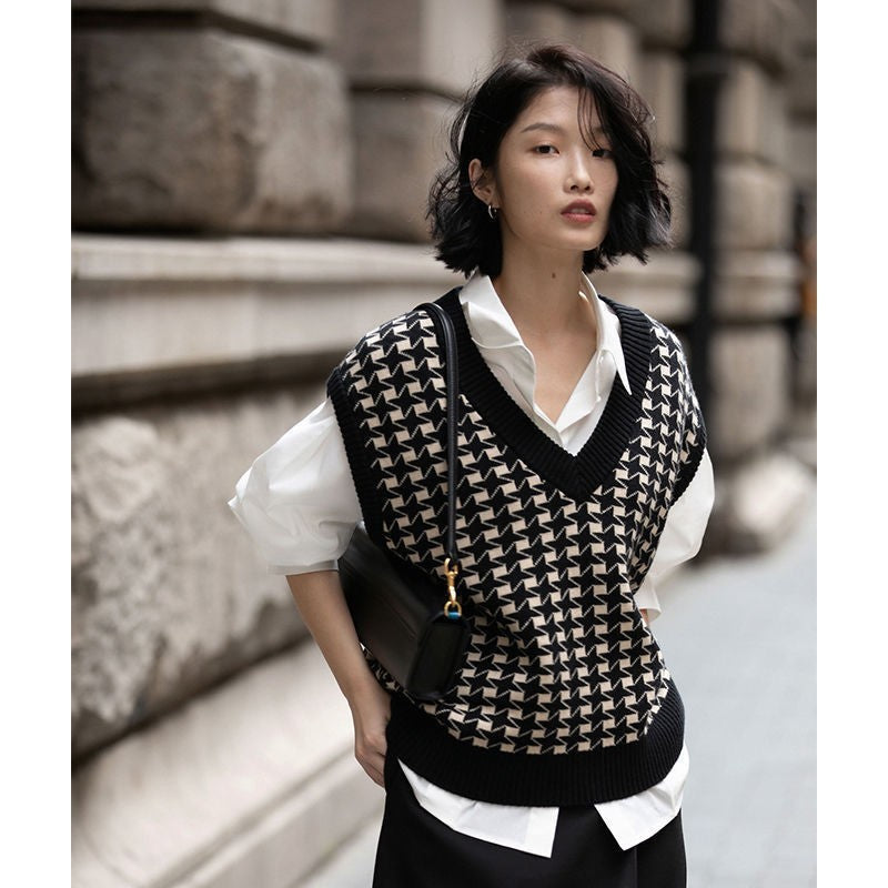 Women's Autumn Houndstooth Knitted Vest