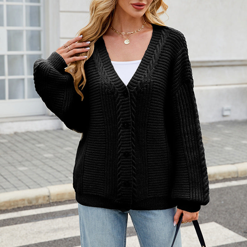Women's Loose Long-sleeved V-neck Twisted Knitted Sweater Coat