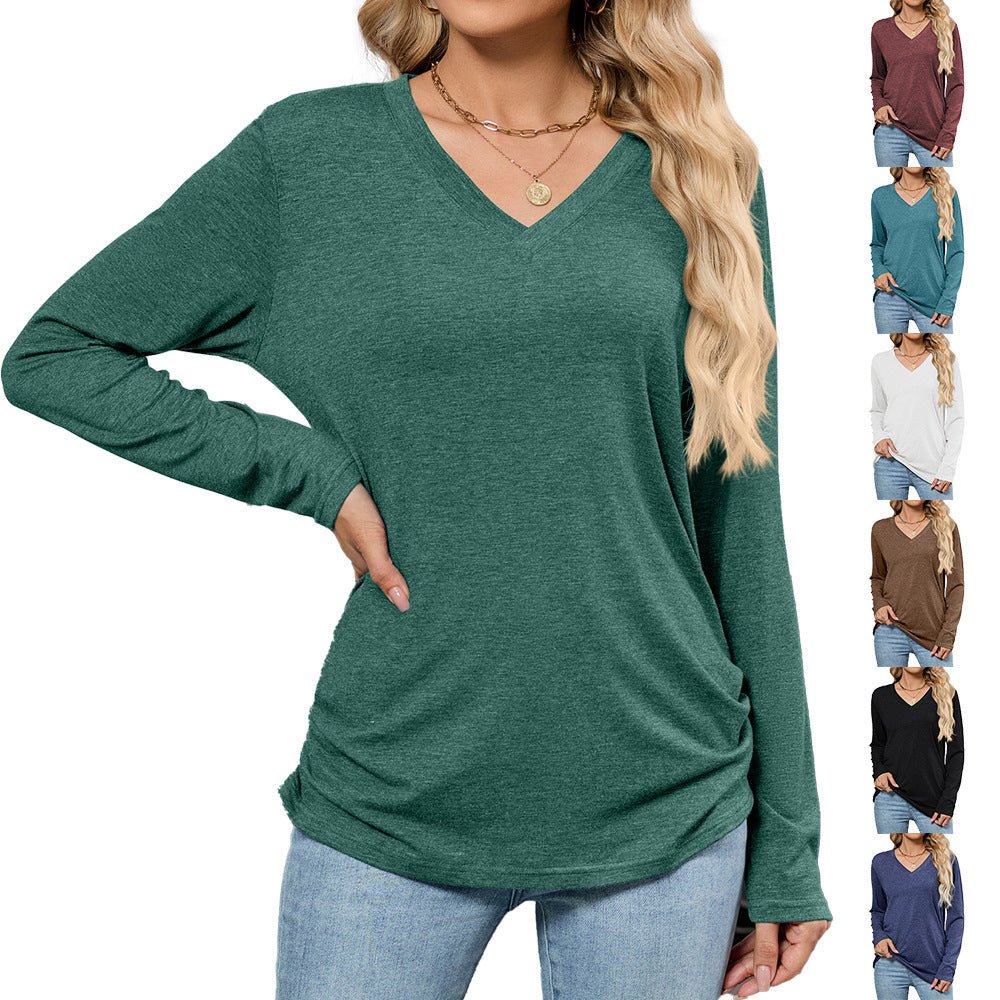 Leisure Pullover V-neck Solid Color Loose Long Sleeves T-shirt Top