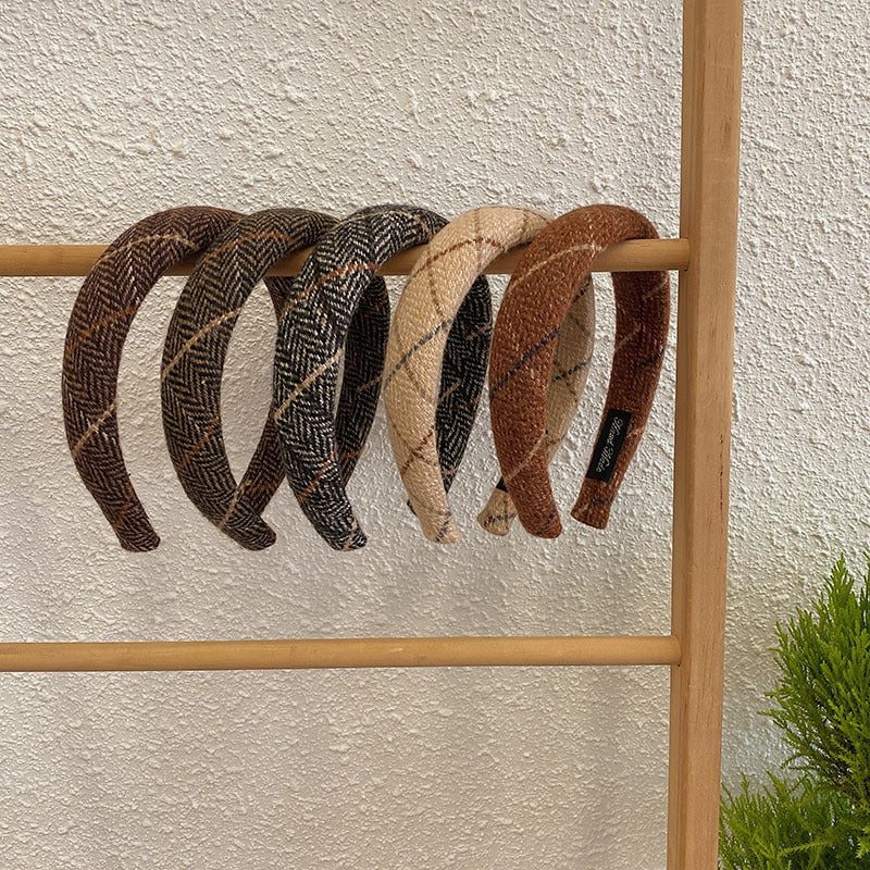 Korean Style Autumn And Winter Woolen High Skull Top Headband Wide Edge Plaid