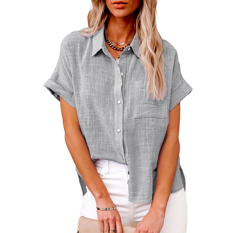 Summer Lapel Short Sleeve Shirt With Pockets Fashion Casual Solid Color Button Tops Women's Clothing