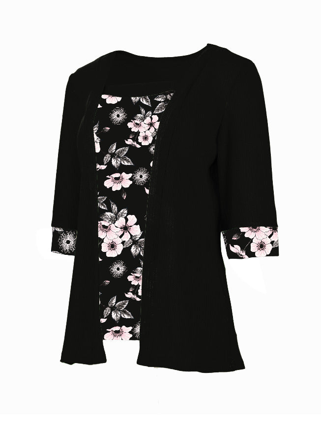 Women's Fake Two-piece Five-quarter Sleeve Printed Top T-shirt