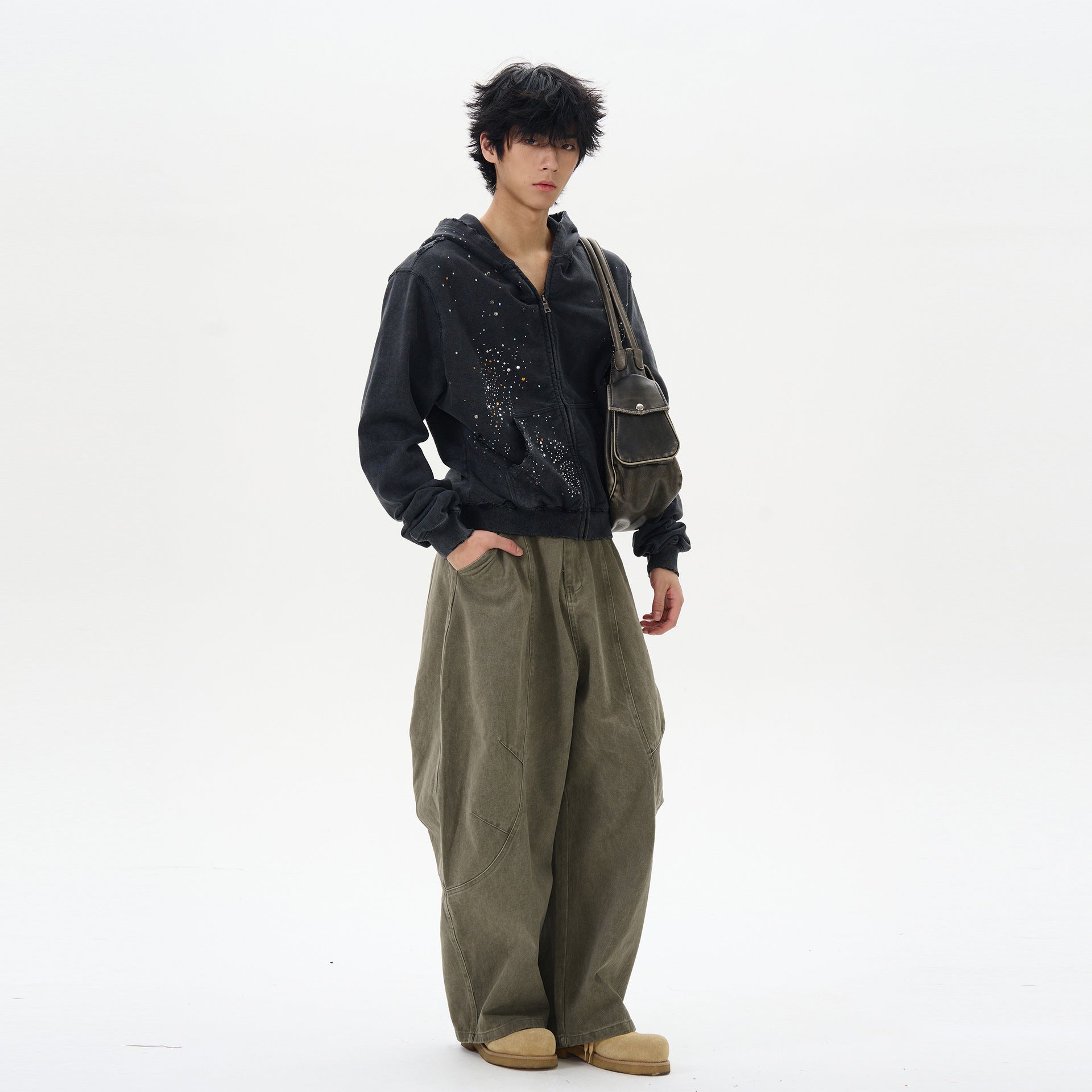 American Retro Green Brown Loose Matchet Pants Men And Women