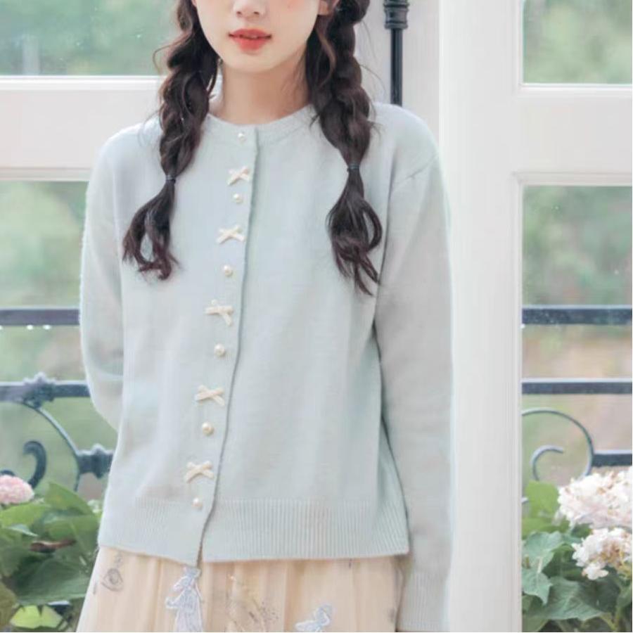 Women's Solid Color Spring And Autumn Bow Pearl Button Sweater
