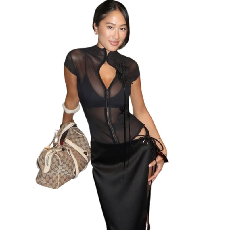 Hot Girl Pure Desire Backless Drawstring Design Short Top Short-sleeved T-shirt