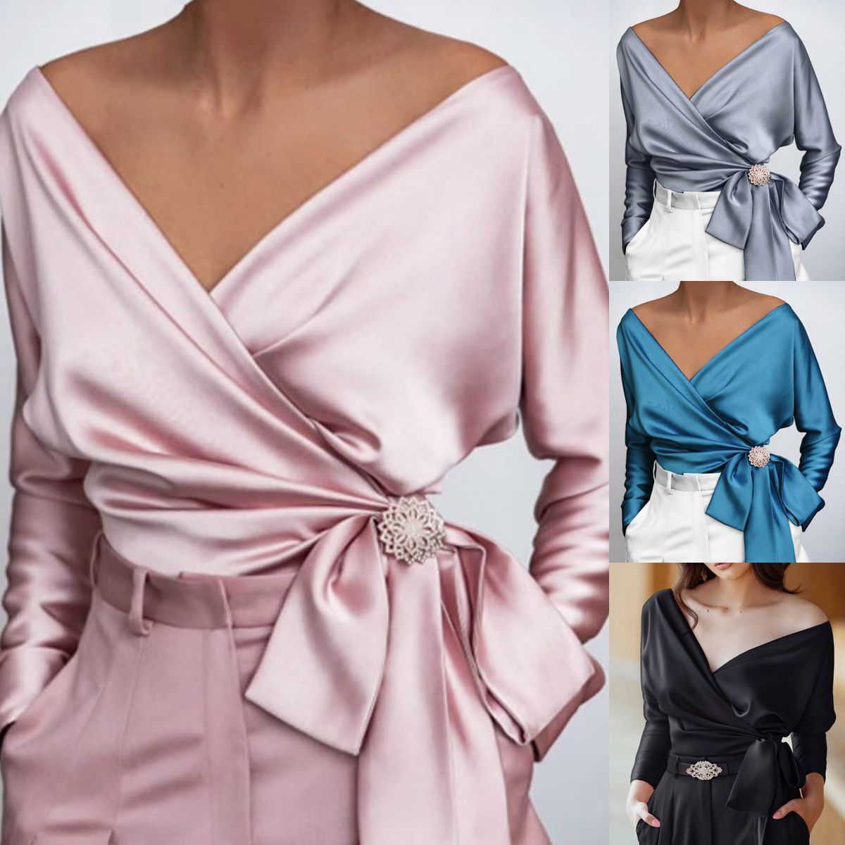 European And American Womens V Neck Solid Color Lace Up Blouse