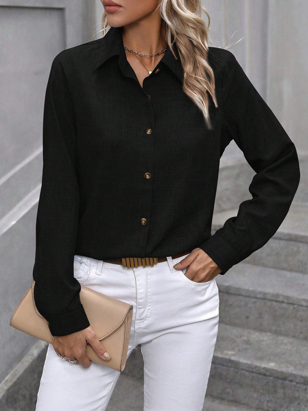 Women's Casual Single-breasted Solid Color Color Matching Long Sleeve Lapel Shirt