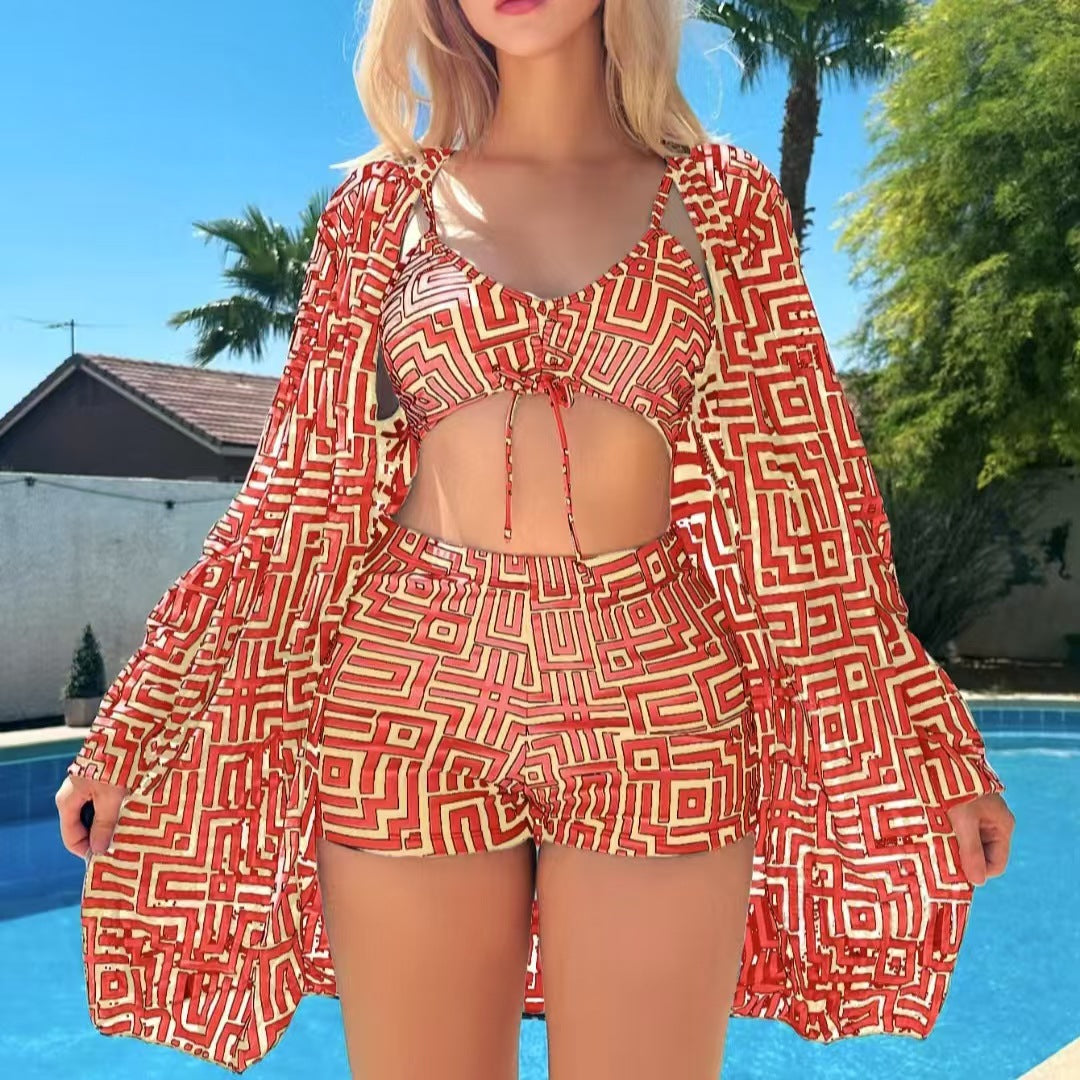 Swimsuit Plus Size Multicolor Plaid Printed Split Three-piece Suit