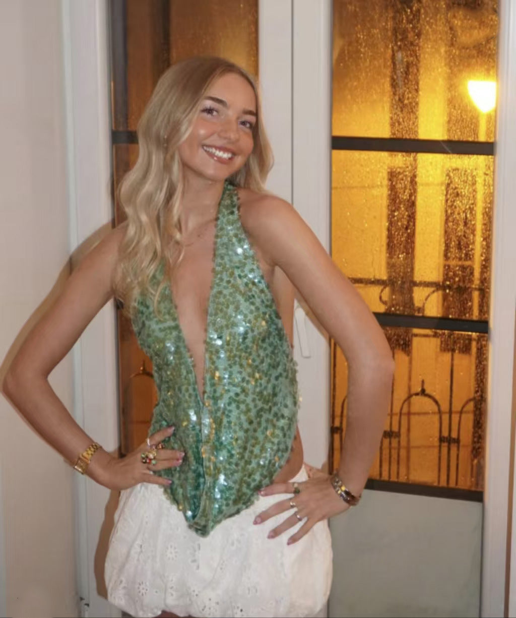 Deep V Sequins Halter Spaghetti Straps Backless Vacation Style